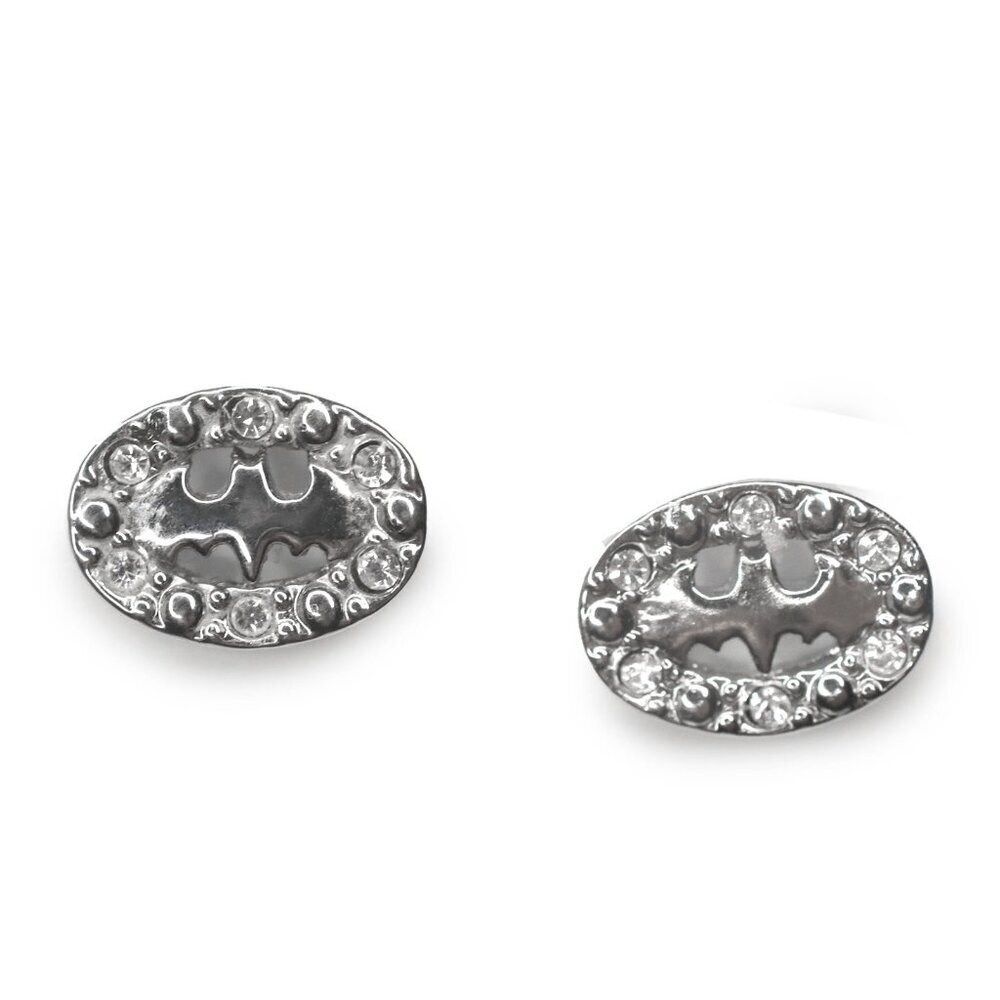 Batman Silver Tone Stud Earrings Rhinestones DC Comic Gotham